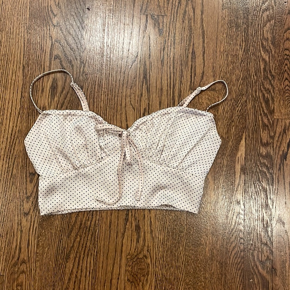 Princess Polly pink and black polka dot silky crop top size 2